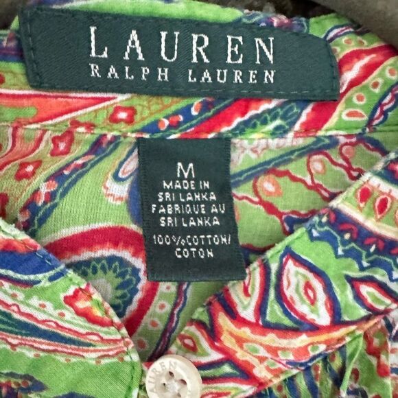 Lauren Ralph Lauren Green Paisley Print Cotton Top Blouse Sz M Lightweight Boho - Picture 2 of 7